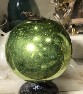 Antique Victorian German Green Mercury Glass Kugel Ornament 4”