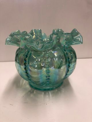 Vintage Antique Fenton Willow Green Iridescent Beaded Melon Glass Vase