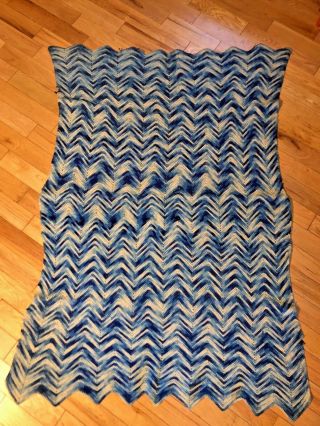 Vintage Retro 70 ' s Wool Hand Knit Afghan Blanket Lap Throw Chevron Blue Tones 2