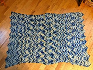 Vintage Retro 70 ' s Wool Hand Knit Afghan Blanket Lap Throw Chevron Blue Tones 3