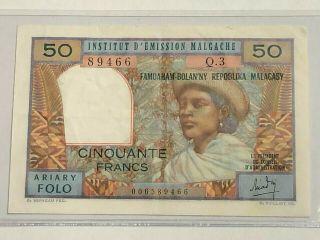 (1962) Madagascar 50 Francs / 10 Ariary,  Colorful Vintage Banknote P 61