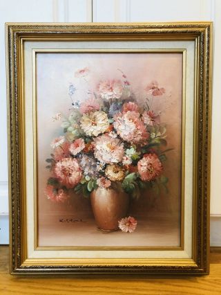 Vintage Flowers In Vase Oil Painting On Canvas 3d Signed By K.  Stone