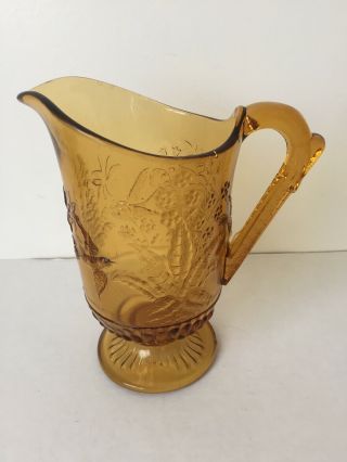 Antique Eapg Amber Glass Pitcher Jug Embossed With Birds Ferns & Flowers (bc)
