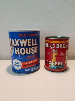 Vintage Metal Coffee Tins Hills Bros & Maxwell House Drip Grind 2 Pound One Lb