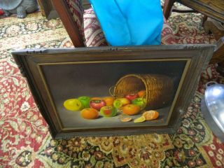 Vintage 1975 Large Oil On Canvas Still Life Fruit By Rumer