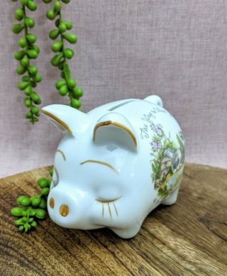 Vintage Kitsch Retro Money Box Piggy Bank Ceramic White Pig Friends Puppy Ducks