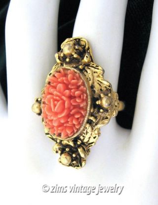 Vintage 1950’s Victorian Revival Faux Coral Gold Floral Cocktail Ring Adjustable