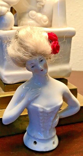 Vintage/Antique porcelain/bisque pin cushion half doll with hair 3”tall 2