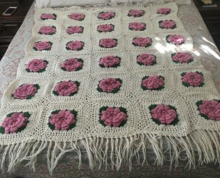 Vintage Crochet 3 - D Roses Flowers Afghan Blanket 53” X 47” Handmade Pink Green