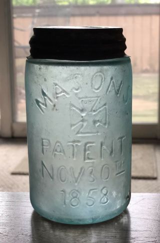 150 Year Old Dug Antique Hero Cross Pint Mason Fruit Canning Jar W/ground Patina