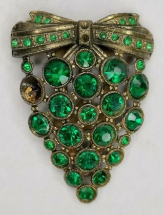 Brooch Dress Clip Pin Green Bow Rhinestones Vintage - Signed L/n Unknown