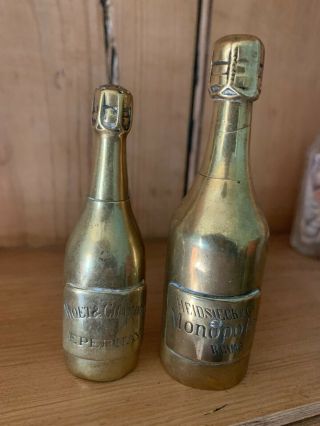 2 Antique Brass Champagne Bottle Pepper Pots Moet & Chandon & Heidsieck Monopole
