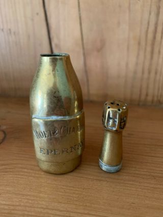 2 Antique Brass Champagne Bottle Pepper Pots Moet & Chandon & Heidsieck Monopole 3
