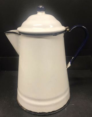 Vintage Enamelware Coffee Pot.  White With Blue Trim
