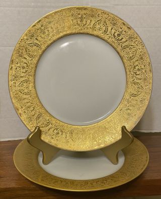 2 Antique Thomas Bavaria Porcelain 10.  5” Plates Encrusted Embossed Gold Gilded