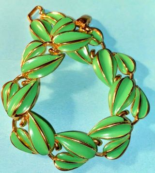 Vintage Marvella Signed Green Leaf Link 7 1/2 " Long Goldtone Bracelet