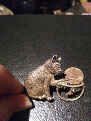 Vintage Sterling Silver Cat Playing With Fish