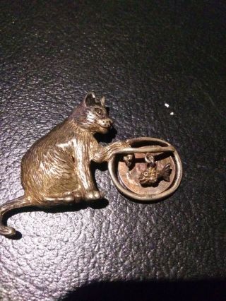 Vintage Sterling Silver Cat playing with fish 2