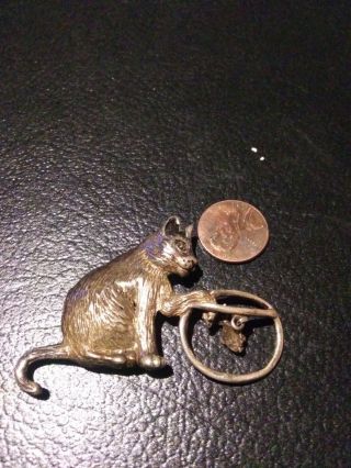 Vintage Sterling Silver Cat playing with fish 3