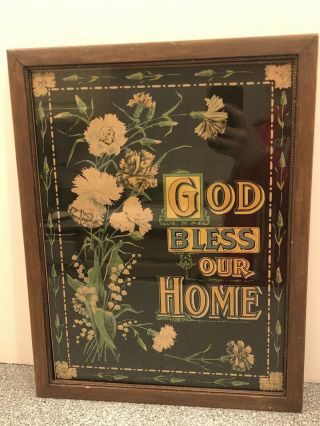Antique Framed Victorian Print “god Bless Our Home” With Flowers