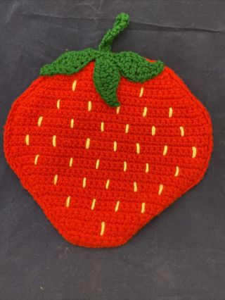 Vintage Handmade Crochet Pot Holder Strawberry Retro Kitchen Kitschy Large 10.  5 "