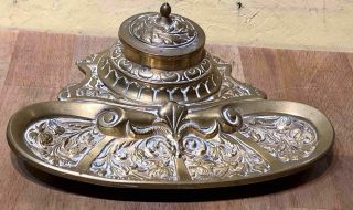 Antique Art Nouveau Ornate Brass Inkwell,  Germany,  C.  1920