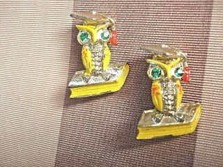 Vintage Set Of 2 Wise Old Owl Gold Tone Scatter Pins - Green Rhinestone Eyes