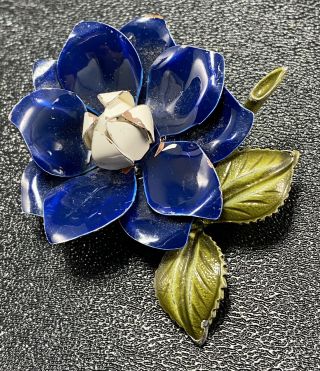 Vintage Brooch Pin 2” Blue Enameled Layered Flower Lot6