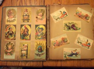 ANTIQUE 1800s VICTORIAN SCRAPBOOK ALBUM WITH TRADE & GREETING CARDS,  CUTOUTS 2