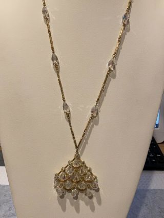 Vintage " Vendome " Gold Tone Chain Clear Glass Crystal Beaded,  Pendant Necklace