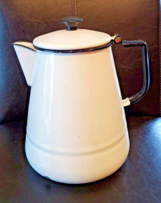 Vintage White Enamel Coffee Pot Enamelware Attached Lid 9.  5 " 15 Cup 120 Oz