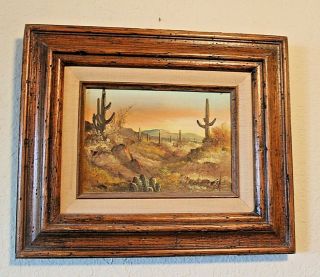 Vtg Mini Oil Painting On Canvas " Desert At Sun Rise " Solid Wood Frame,  Signed