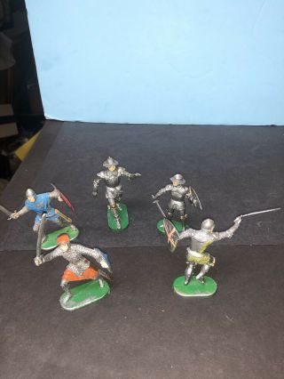 Vintage Hausser Elastolin Medieval Knights (5) 70 Mm.  Each Has Some Paint Loss