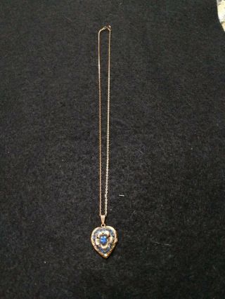 Antique 1/20 10k Gold Filled Heart Flower Blue Stone Locket & Gf Chain