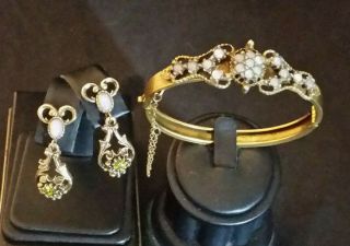 Antiq Faux Opal Bangle Bracelet,  Vtg Sarah Coventry Clip Earrings Gold Plt 966