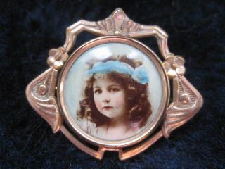 Antique German Art Nouveau Brooch W Celluloid Photo Of Girl - Marked Dbl