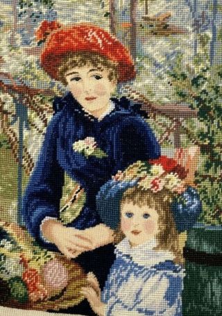 Gorgeous Antique Victorian Mother Daughter Needlepoint Tapestry Panel 16 " X20 "