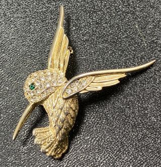 Vintage Brooch Pin 2” Hummingbird Figural Crystal Rhinestones Gold Tone Lot1