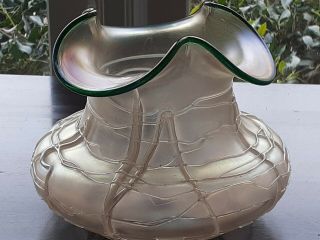 Antique Pallme Konig Loetz Austrian Iridescent Art Glass Bulbous Vase Green Trim