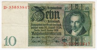 1929 Germany 10 Reichsmark Vintage Nazi Money Banknote Third Reich
