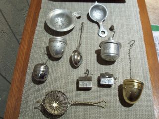 10 Vintage Tea Leaf Strainer Steeper Metal Ball Acorn Basket Spoon Chain & Hook