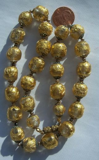Stunning Vintage Gold Plated Glass Bead Necklace Venetian Murano Handknot 16.  5 "