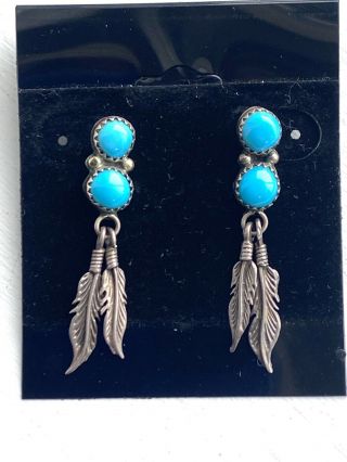 Vtg Navajo Native American Sterling Silver Turquoise Feather Earrings