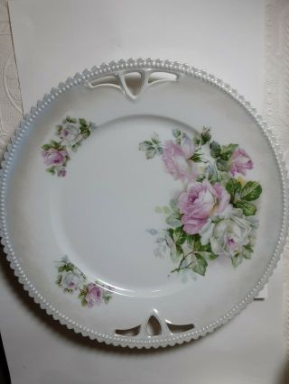 Vintage Pk Silesia Handled Pink Rose 9.  75 " Cake Plate Beaded Pearl Scallop Rim