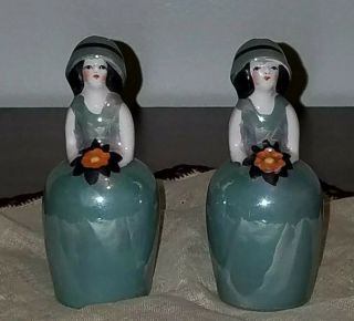 Vintage Lady Holding Flower Porcelain Salt & Pepper Shakers.  Made In Japan.