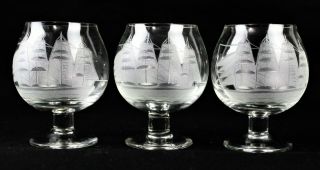 Set Of Three Toscany Vintage Etched Glass Brandy Snifter Sailing Ship Glasses