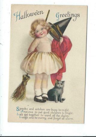Vintage Halloween Postcard Post Card Girl Black Cat Witches Hat Broom