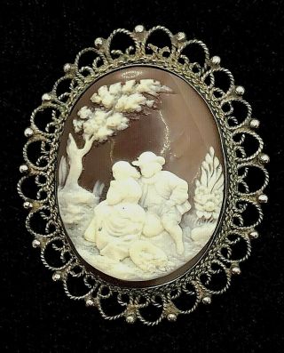 Antique Signed Sterling Carved Shell Cameo Pin Brooch