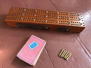 Antique Brass & Wood Cribbage Board Vintage Game W/ Storage In Board