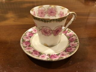 Antique Theodore Haviland Limoges France Tea Cup & Saucer Pink Floral Gold Trim